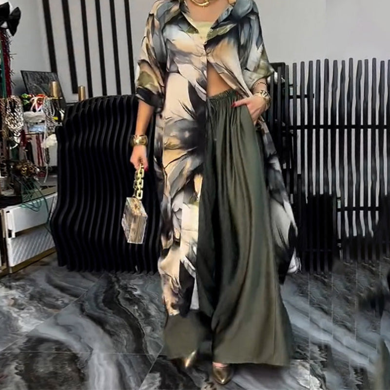 Ensemble deux pièces imprimé stylisé - Top long et pantalon large