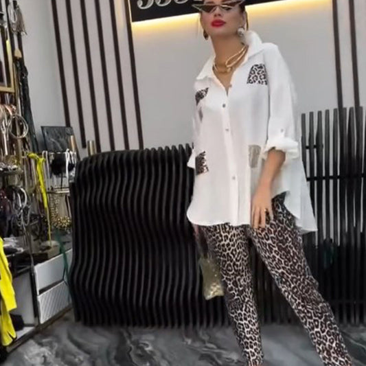 Ensemble deux pièces décontracté et tendance pour femmes avec motif léopard