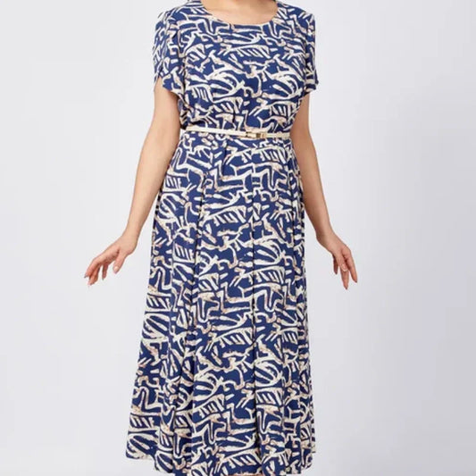 Femmes Tendance Bleu Imprimé Robe à manches courtes avec ceinture