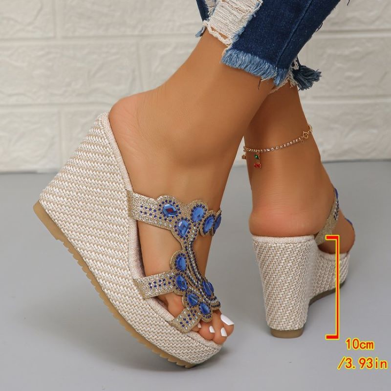 Sandales à semelles compensées antidérapantes de luxe avec strass pour femmes