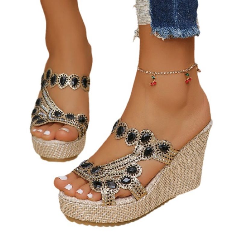 Sandales à semelles compensées antidérapantes de luxe avec strass pour femmes