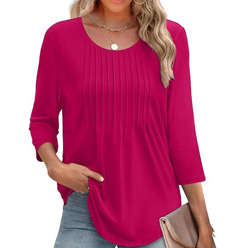 🌸50% de réduction💐T-shirt fin à col rond et à volants, coupe ample