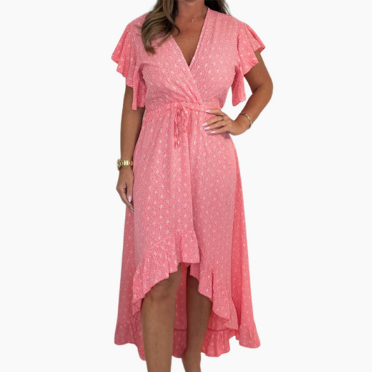 Robe style resort pour femme, col en V, pois, manches à volants