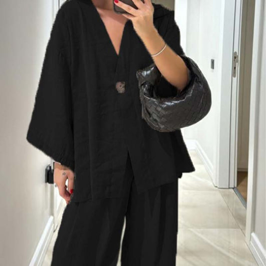Haut à col en V et pantalon large pour femme Ensemble 2 pièces de couleur unie