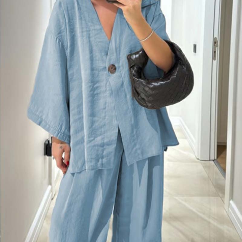 Haut à col en V et pantalon large pour femme Ensemble 2 pièces de couleur unie