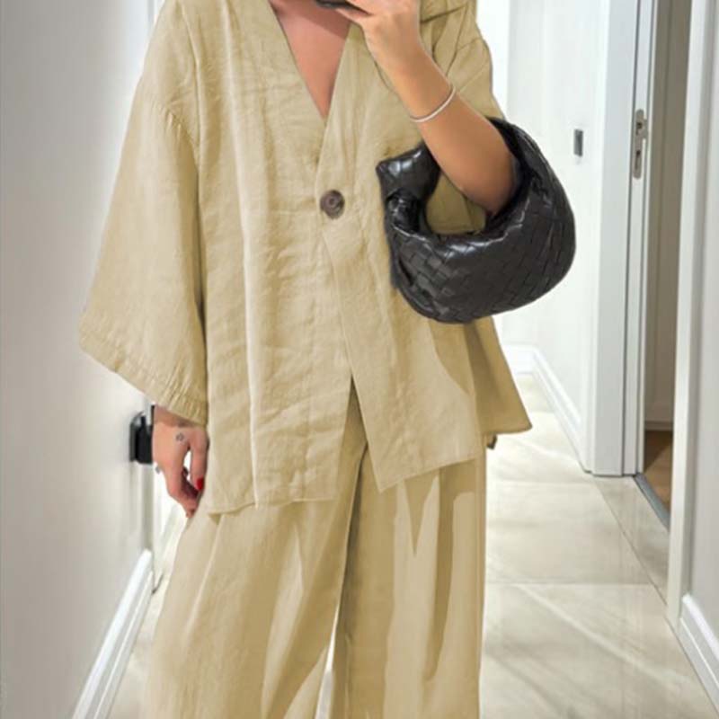 Haut à col en V et pantalon large pour femme Ensemble 2 pièces de couleur unie