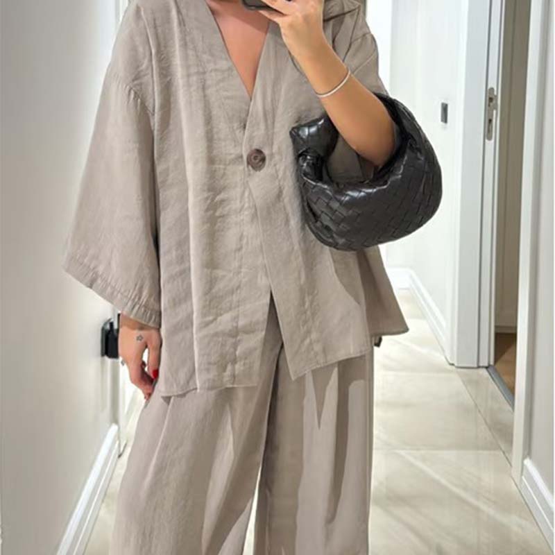 Haut à col en V et pantalon large pour femme Ensemble 2 pièces de couleur unie