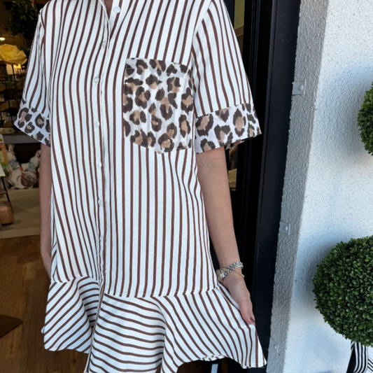 Leopard Print Fashion Stripe Patchwork Shirt Dress