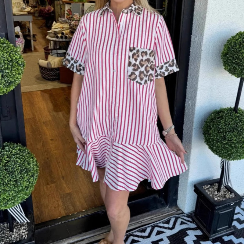 Leopard Print Fashion Stripe Patchwork Shirt Dress