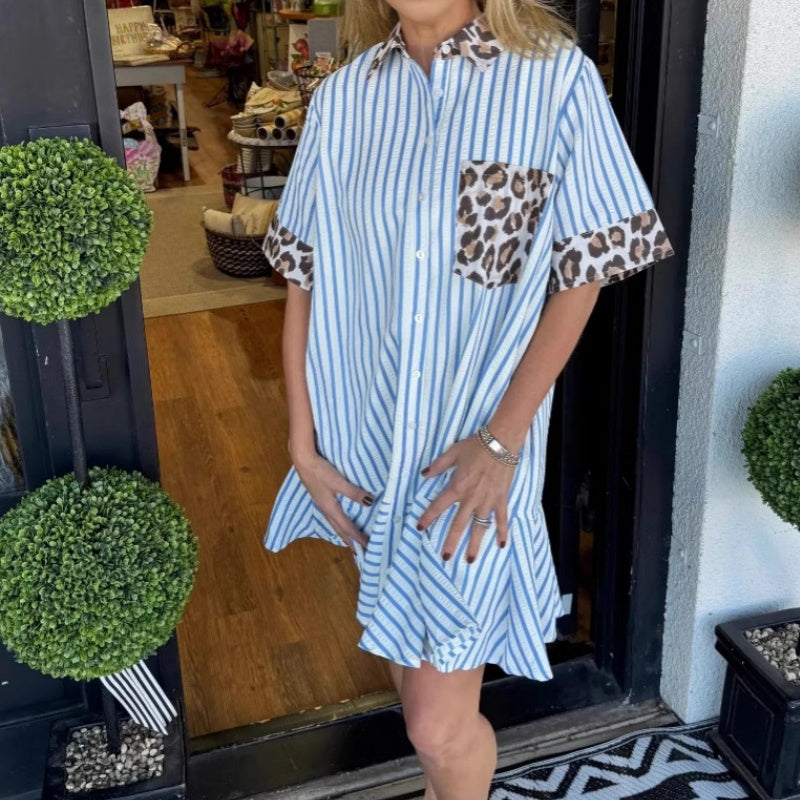 Leopard Print Fashion Stripe Patchwork Shirt Dress