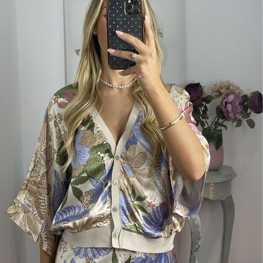 🏆🌸Ensemble deux pièces pour femmes : haut imprimé avec décolleté en V et jupe