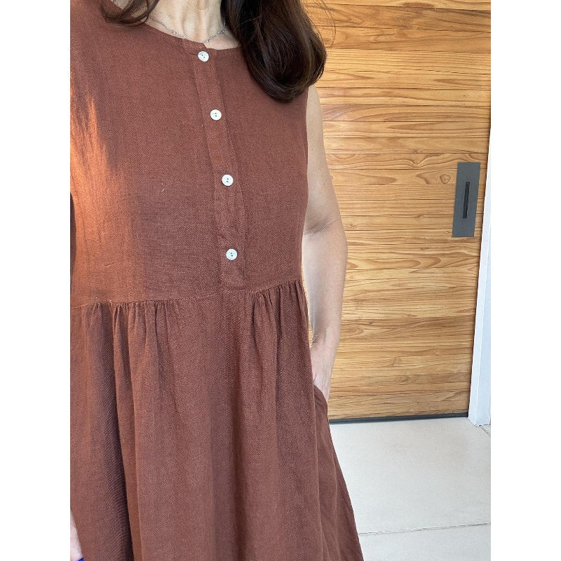 Couleur unie Col rond Robe sans manches à boutons