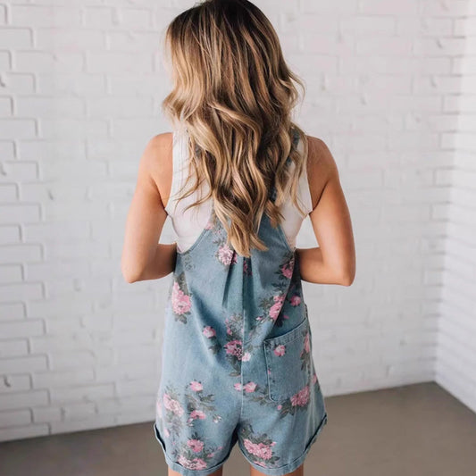 🌸 50 % de réduction🌸 Vintage Floral Printed Denim Jumpsuit