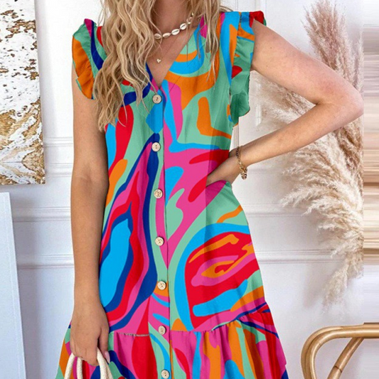 🌸Soldes d'été 50% de réduction🌸Mini-robe sans manches avec décolleté en V et boutonnage sur le devant pour femme