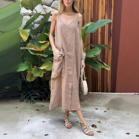 Robe mi-longue ample à col en V et à bretelles spaghetti