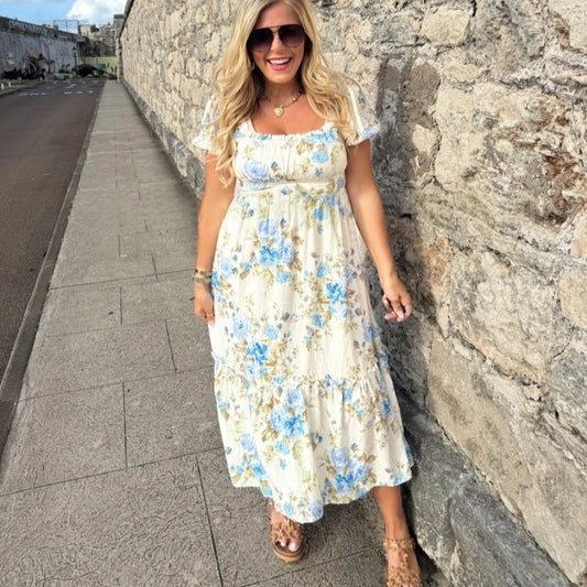 Robe imprimée à col carré et à manches courtes plissées pour femmes