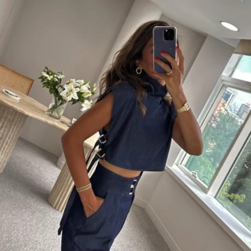 Tendances Fashion Femme Top court à col haut & Pantalon taille haute 3/4 Outfits