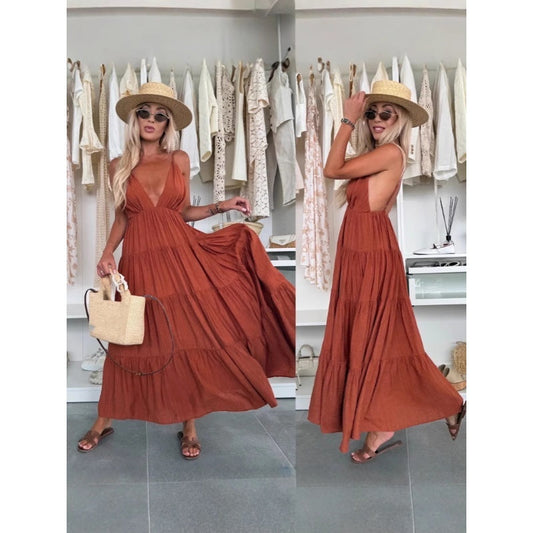 Robe maxi dos nu avec décolleté profond en V pour femme