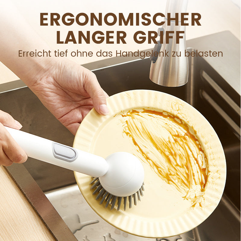Brosse de nettoyage rotative à long manche pour vaisselle et casseroles.