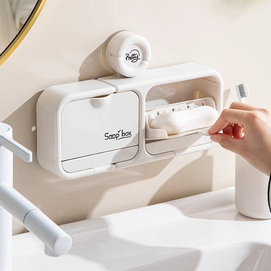 Porte-savon mural avec ventouse et couvercle rabattabl