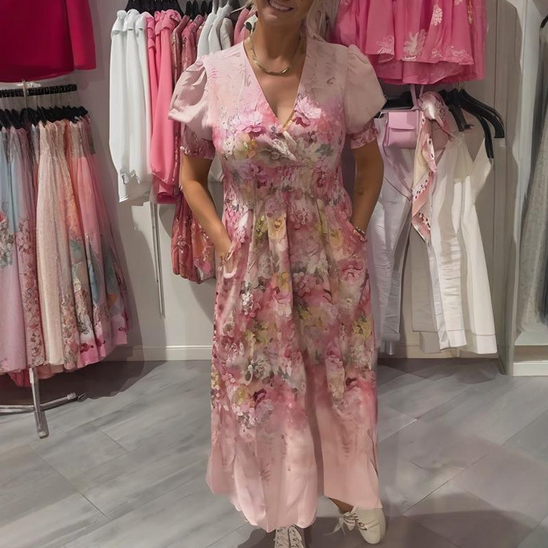 Robe longue élégante à imprimé floral et encolure en V pour femme