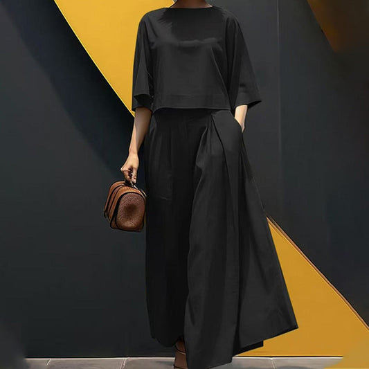 📢55% de réduction👗Ensemble 2 pièces décontracté pour femme, t-shirt à col rond et manches 3/4 et pantalon ample
