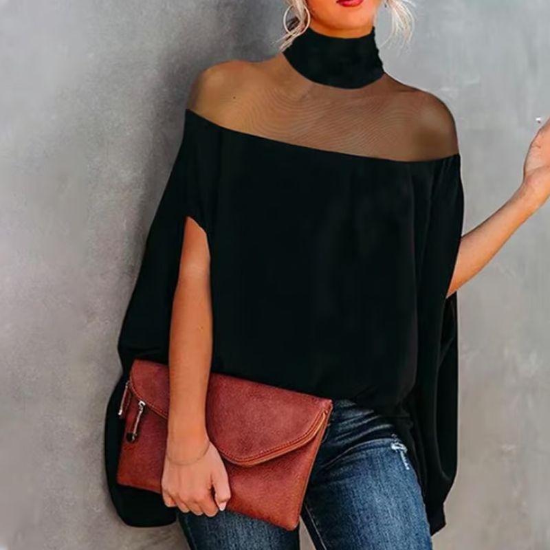 💥PROMO LIMITÉE -50%🦇Chemisier Chauve-Souris à Col Haut pour Femme — Détail Transparent, Coupe Ample✨