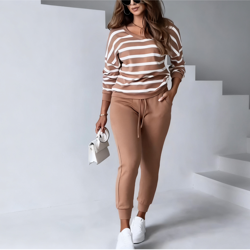 Ensemble 2 pièces pour femme composé d'un haut à col en V et d'un pantalon uni🔥Livraison gratuite