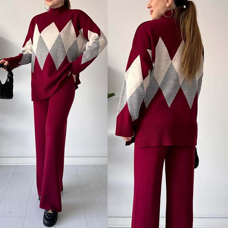 🔥Offre à durée limitée - Ensemble pull et pantalon à losanges colorés tendance