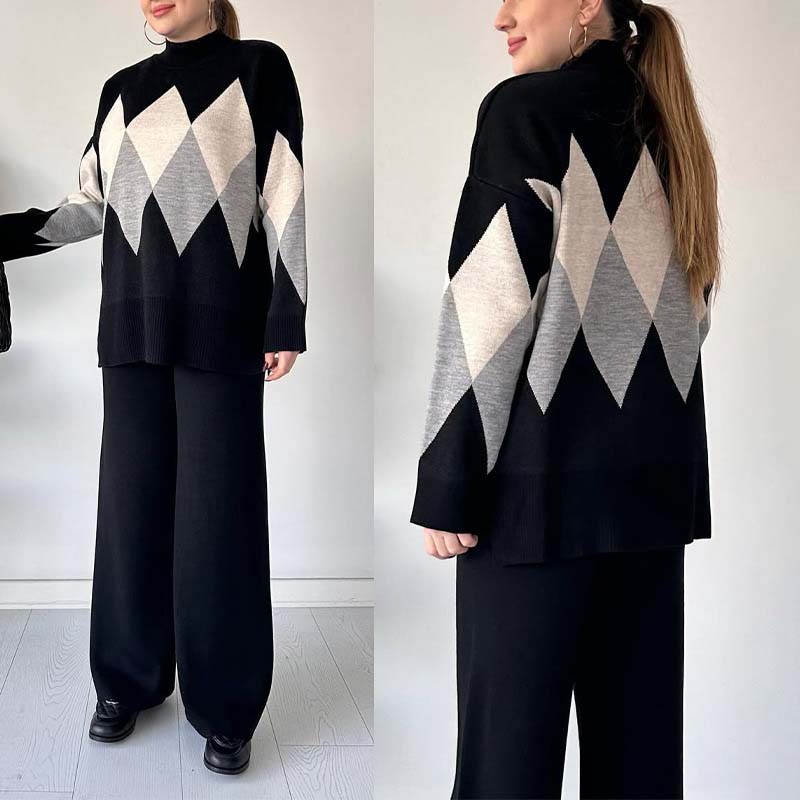 🔥Offre à durée limitée - Ensemble pull et pantalon à losanges colorés tendance
