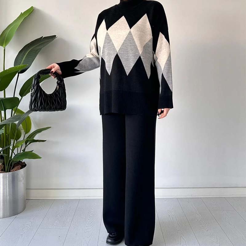 🔥Offre à durée limitée - Ensemble pull et pantalon à losanges colorés tendance