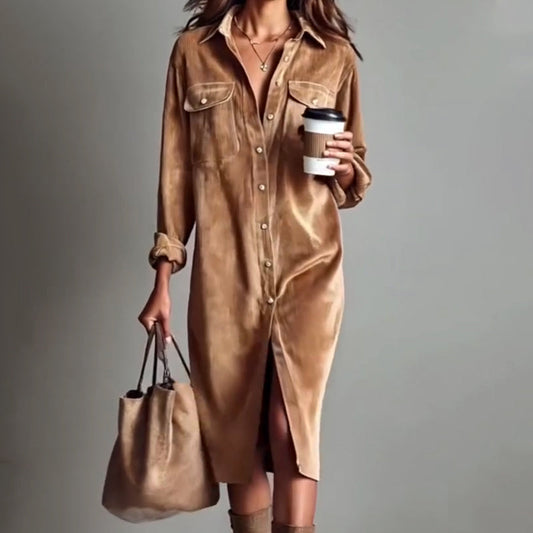 🔥 60% DE RÉDUCTION ! ✨ Robe Chemise Décontractée Femme - Velours Côtelé Doux, Poche Poitrine Pratique, Style Moderne et Confortable 👚✨