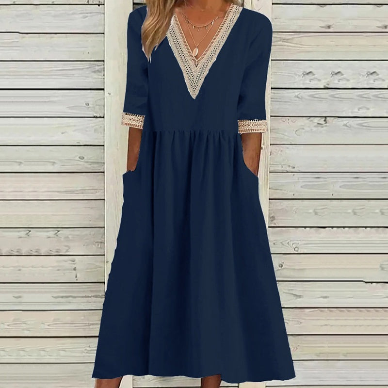 Robe mi-longue à col en V et bordure en dentelle pour femme❤️ACHETEZ-EN 2 ET BÉNÉFICIEZ DE LA LIVRAISON GRATUITE