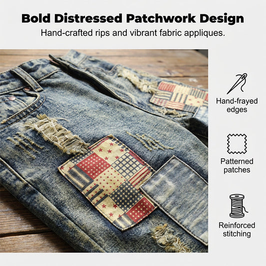 🔥 Short en jean déchiré pour homme – Motif patchwork pour un look urbain tendance 👖✨