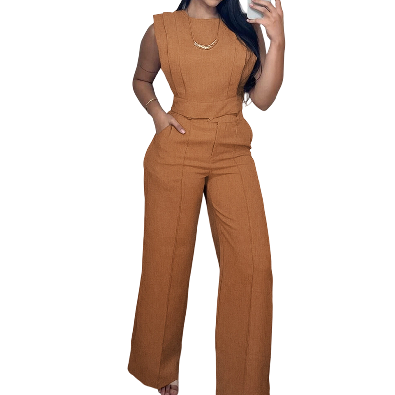 Ensemble composé d'un crop-top chic sans manches et d'un pantalon taille haute