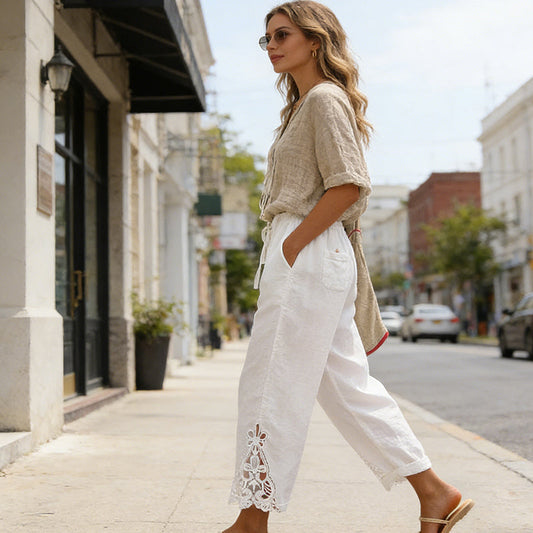 🔥Pantalon à cordon de serrage avec bordure en dentelle pour femme🍂Chic & Décontracté 🌿50 % de réduction🔥