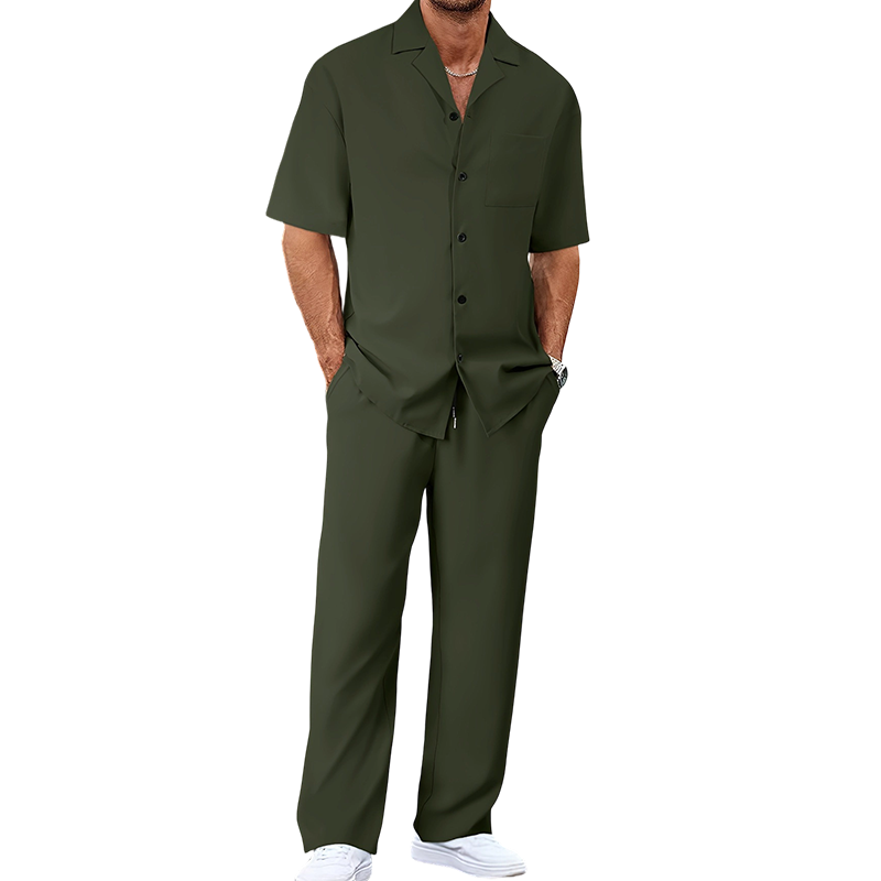 👔 50% DE RÉDUCTION ✨ Ensemble décontracté homme – Chemise col cubain & pantalon ample – Tissu léger, coupe fluide, parfait pour les vacances ou les journées chaudes 🌴
