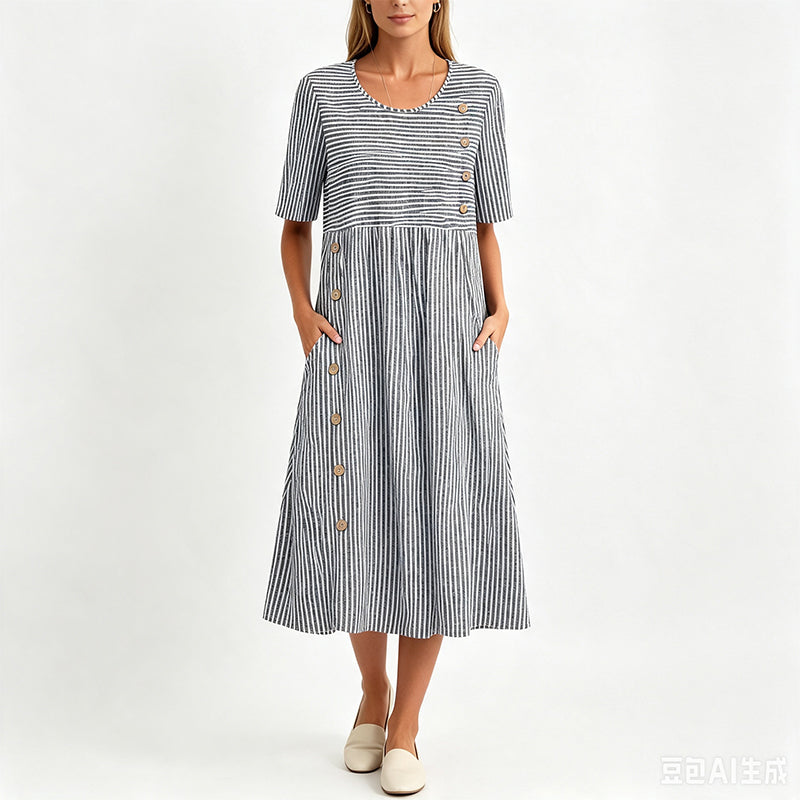 🌀 50% DE RÉDUCTION! 👗 Robe Rayée Coupe Ample – Rayures douces, confortable & décontractée – Parfaite pour un style quotidien sans effort ☁️