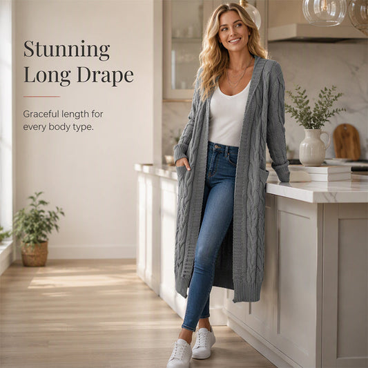 🔥 50% de réduction 🔥Cardigan long à capuche en maille pour femme, avec poches