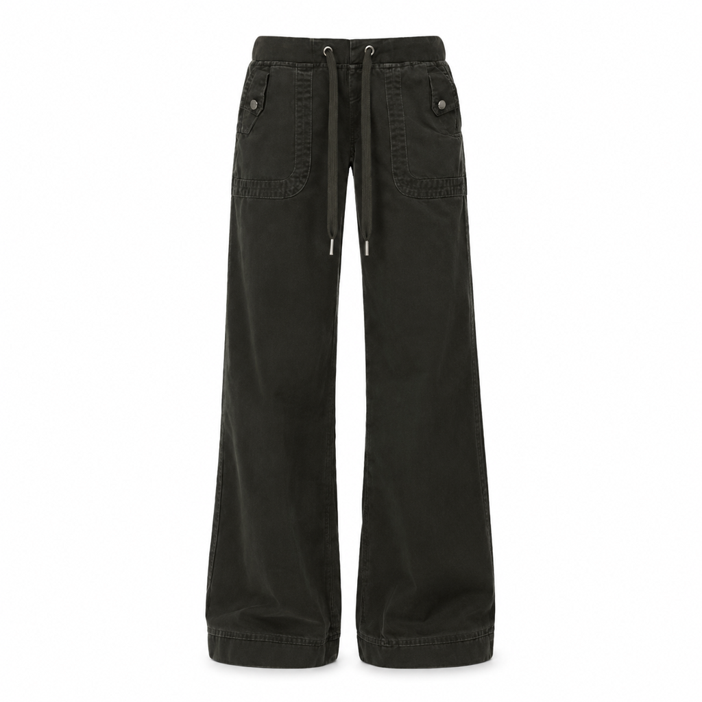 Jean American Vintage taille basse légèrement évasé, avec ceinture élastiquée à cordonnet et poches patteilleuses