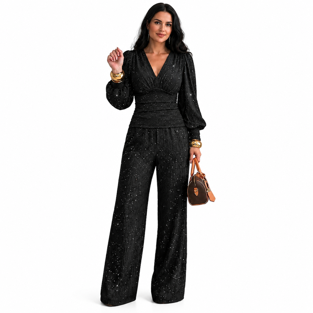 🍂Envie d’un ensemble 2 pièces femme pour l’automne-hiver ? Haut plissé col V, manches bouffantes et pantalon large à poches ✨🍂