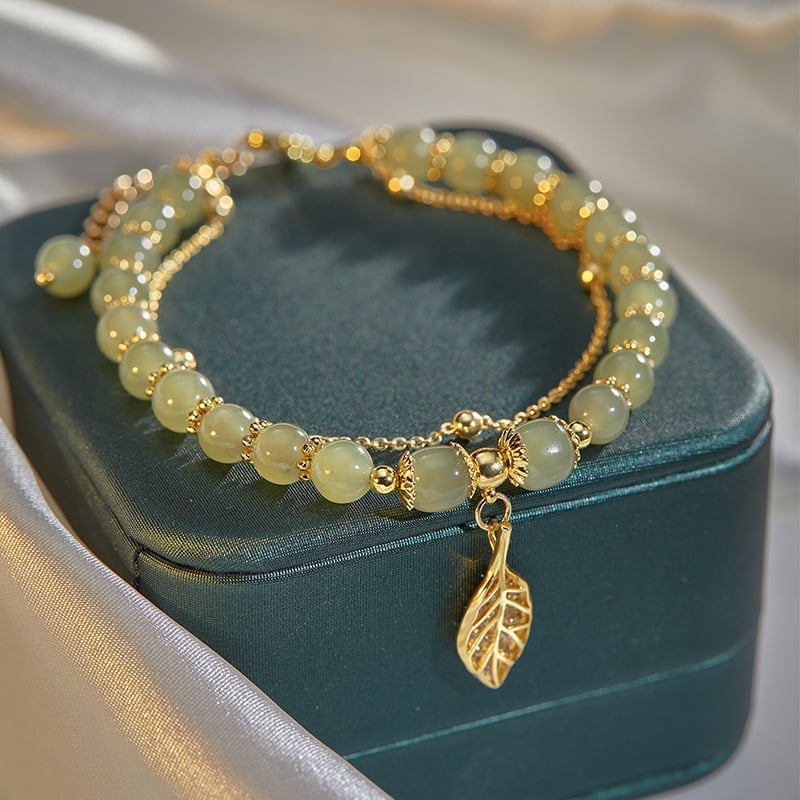 🌸Cadeau de fête des mères !🌸-- Bracelet porte-bonheur en jade et feuille d'or Wotian