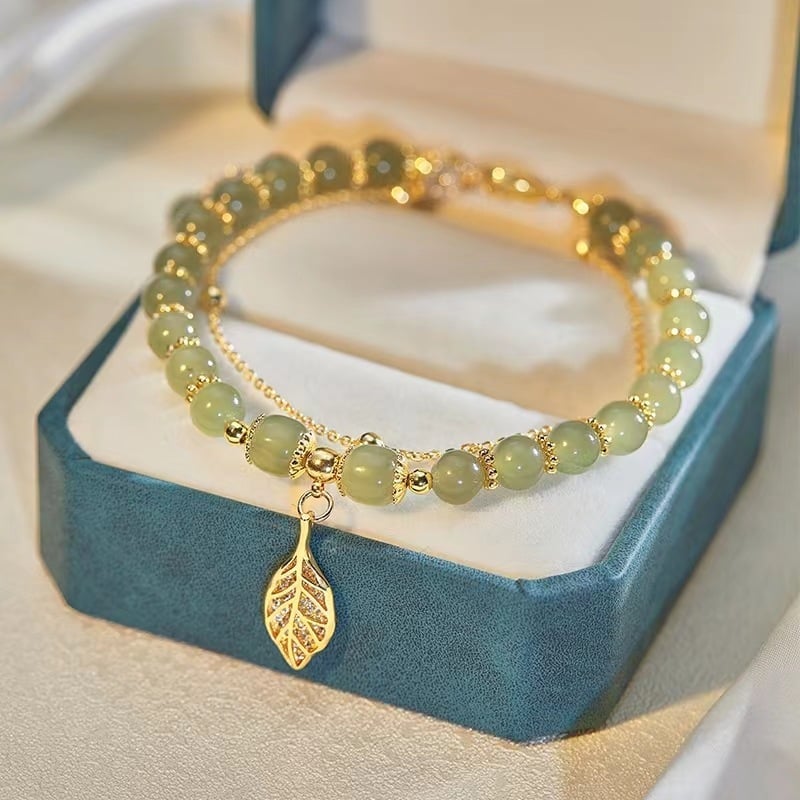🌸Cadeau de fête des mères !🌸-- Bracelet porte-bonheur en jade et feuille d'or Wotian