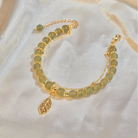 🌸Cadeau de fête des mères !🌸-- Bracelet porte-bonheur en jade et feuille d'or Wotian