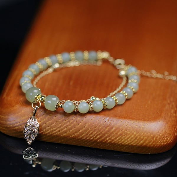 🌸Cadeau de fête des mères !🌸-- Bracelet porte-bonheur en jade et feuille d'or Wotian