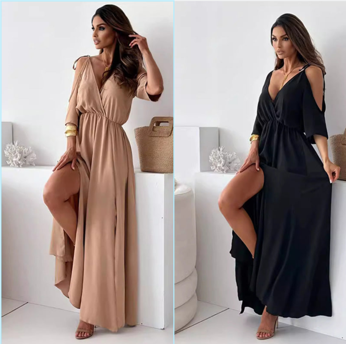 💖Limited Sale 50% OFF💖Robe élégante et sexy à col en V et fente latérale pour femmes