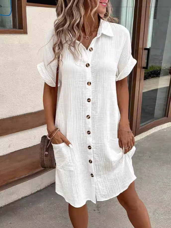 Robe chemise boutonnée à manches courtes et à poches pour femmes