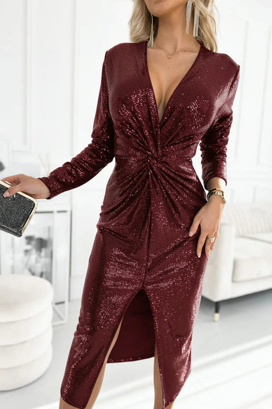 ⚡💥 Robe de soirée élégante à encolure en V, plissée et fendue, avec paillettes, pour femmes. 50 % de réduction, le meilleur rapport qualité-prix !