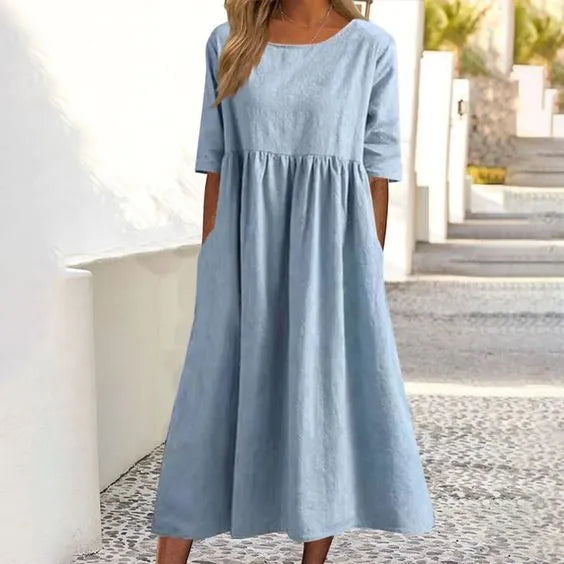 🔥Robe décontractée basique en coton smocké pour femme, tenue d'extérieur basique, col rond, poche