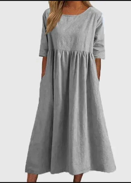 🔥Robe décontractée basique en coton smocké pour femme, tenue d'extérieur basique, col rond, poche